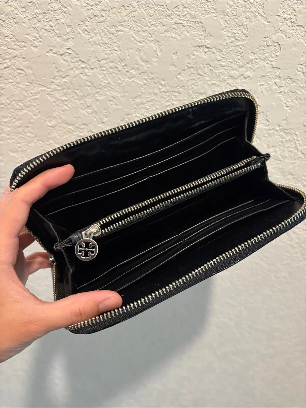 Tory Burch Black Patent Leather Zip-Around Wallet with Silver Logo Medallion